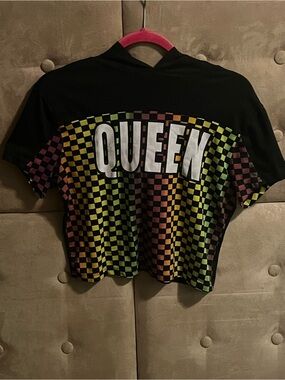 Que Black Hoodie with Yellow, Green, Red & Orange Checkerboard and QUEEN Print
